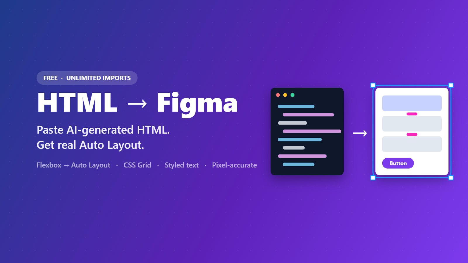 HTML to Figma artwork: a code editor on the left becomes an editable Auto Layout frame on the right