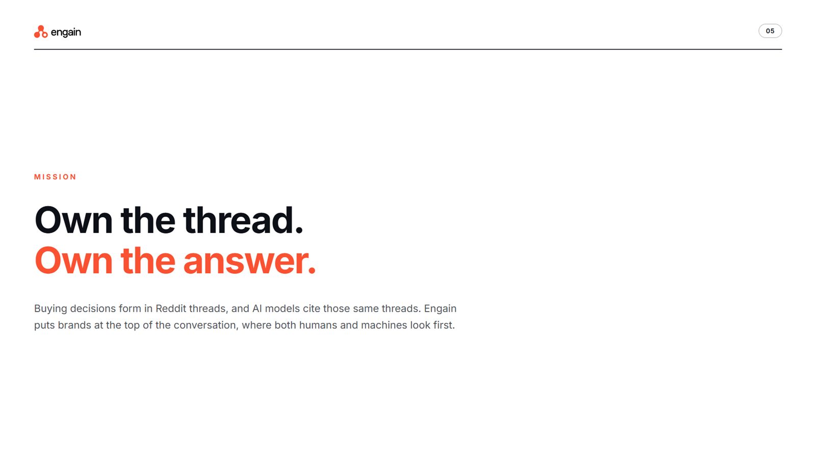 Engain brand book, page 5, Introduction: mission: own the thread, own the answer