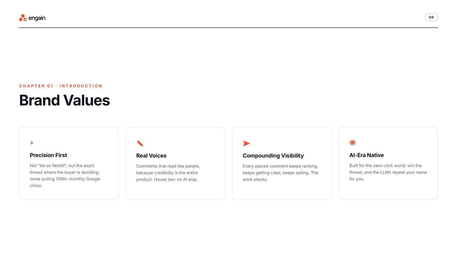 Engain brand book, page 6, Introduction: brand values