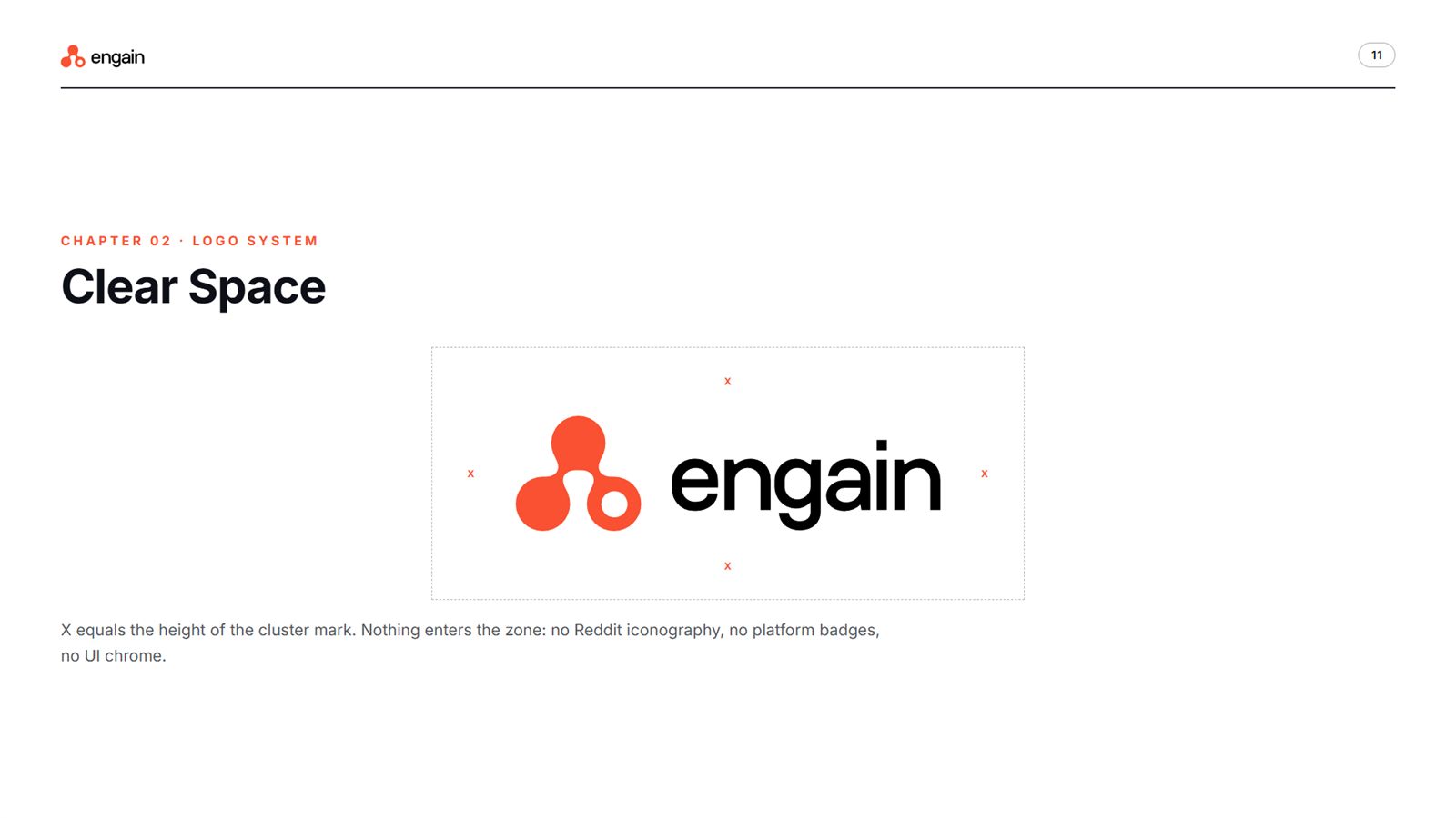 Engain brand book, page 11, Logo System: clear space
