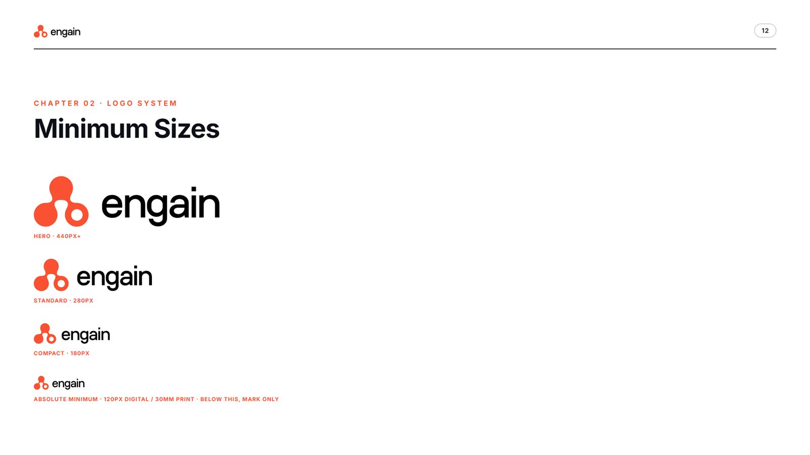 Engain brand book, page 12, Logo System: minimum sizes