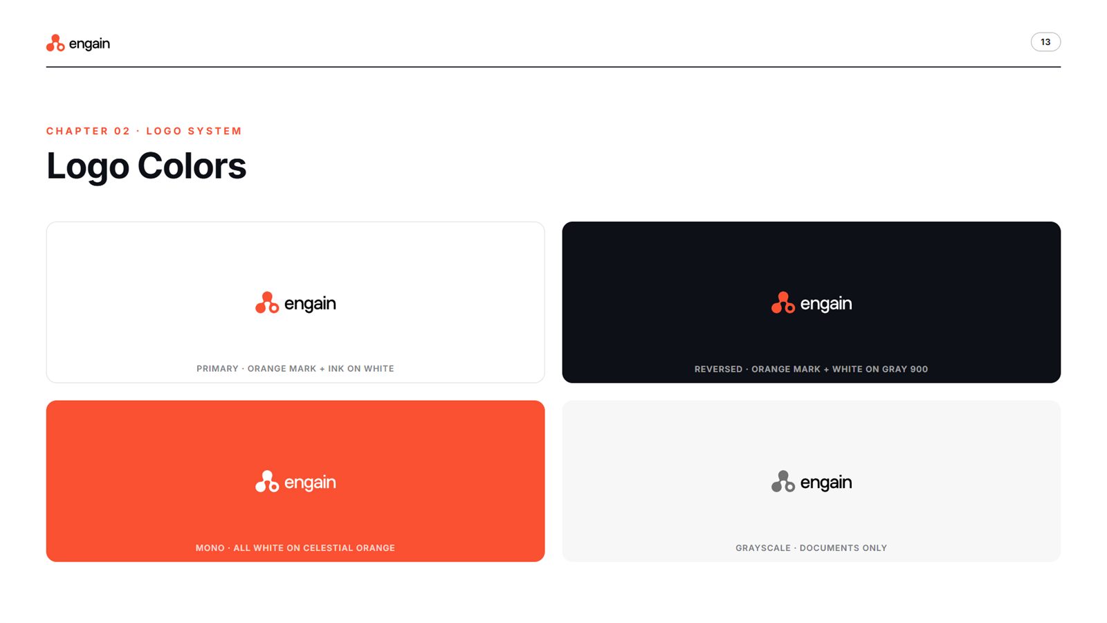 Engain brand book, page 13, Logo System: logo colors