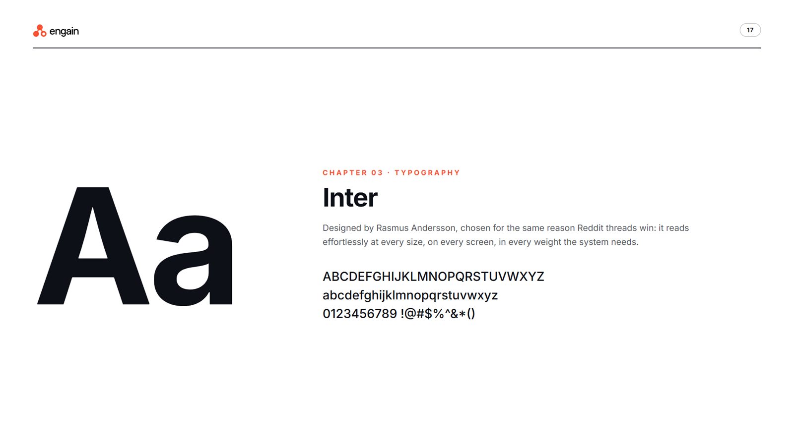 Engain brand book, page 17, Typography: Inter typeface specimen