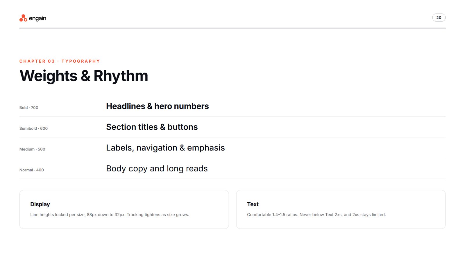 Engain brand book, page 20, Typography: weights and rhythm