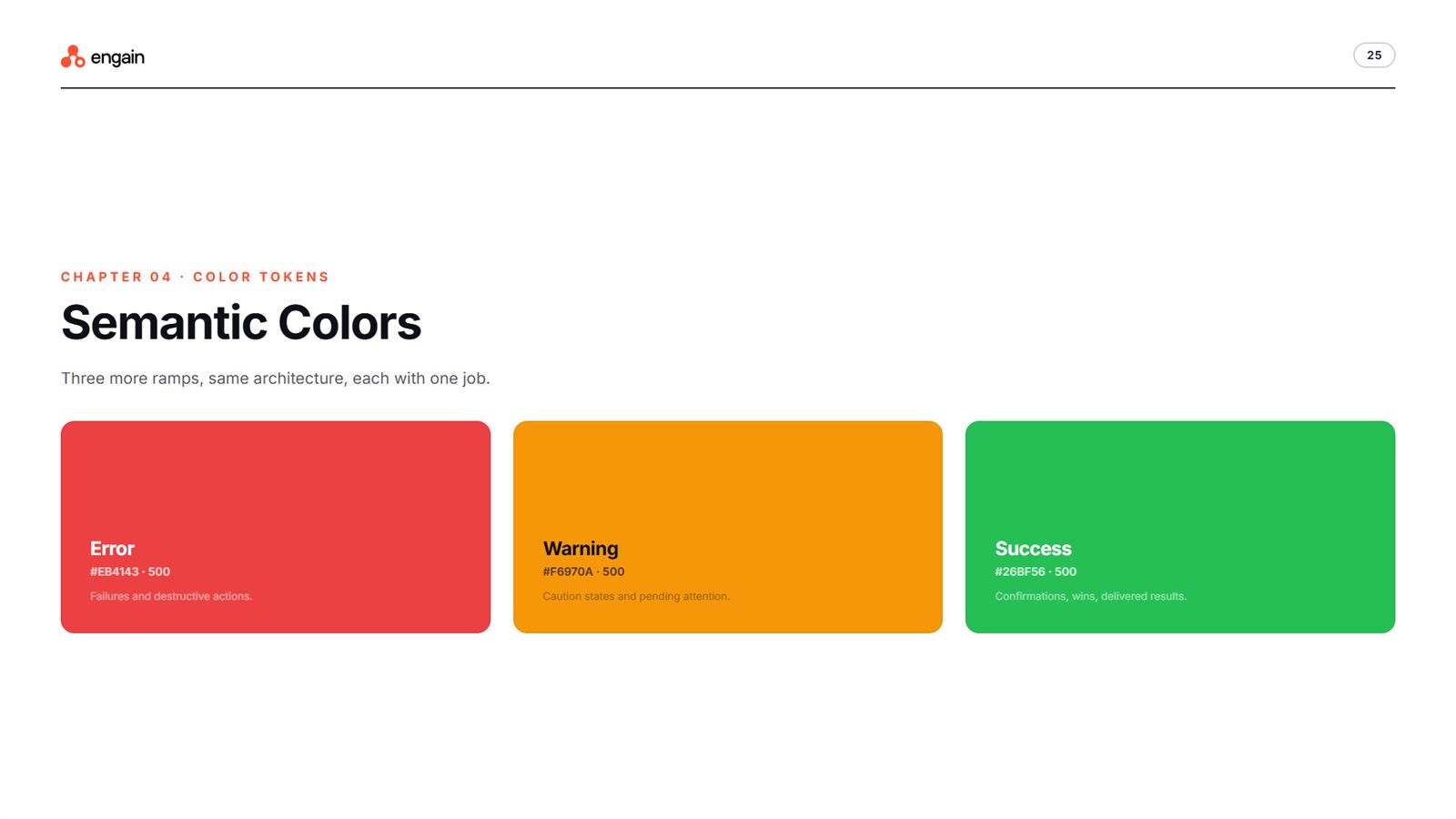 Engain brand book, page 25, Color Tokens: semantic colors