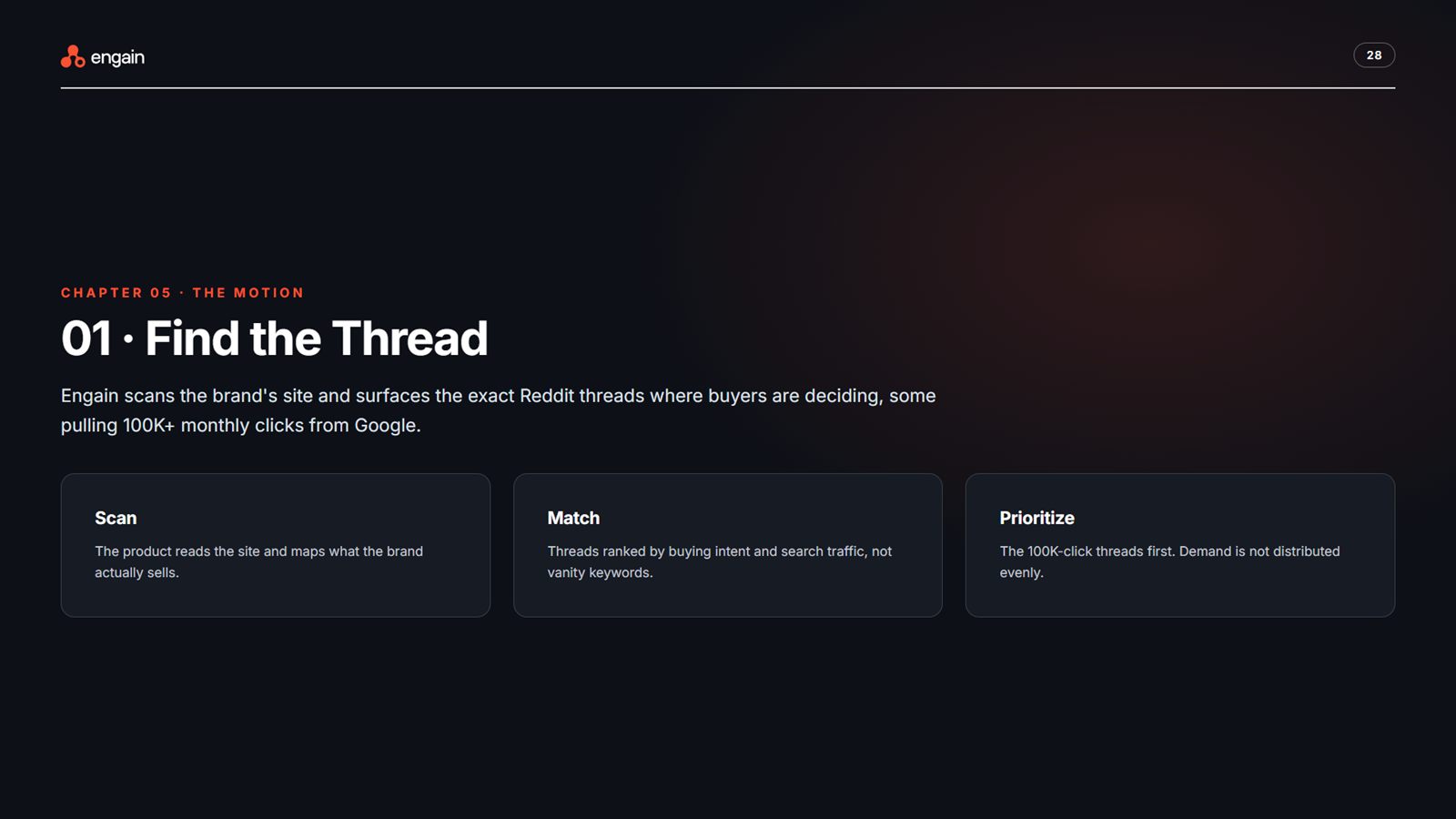 Engain brand book, page 28, The Motion: step 1, find the thread