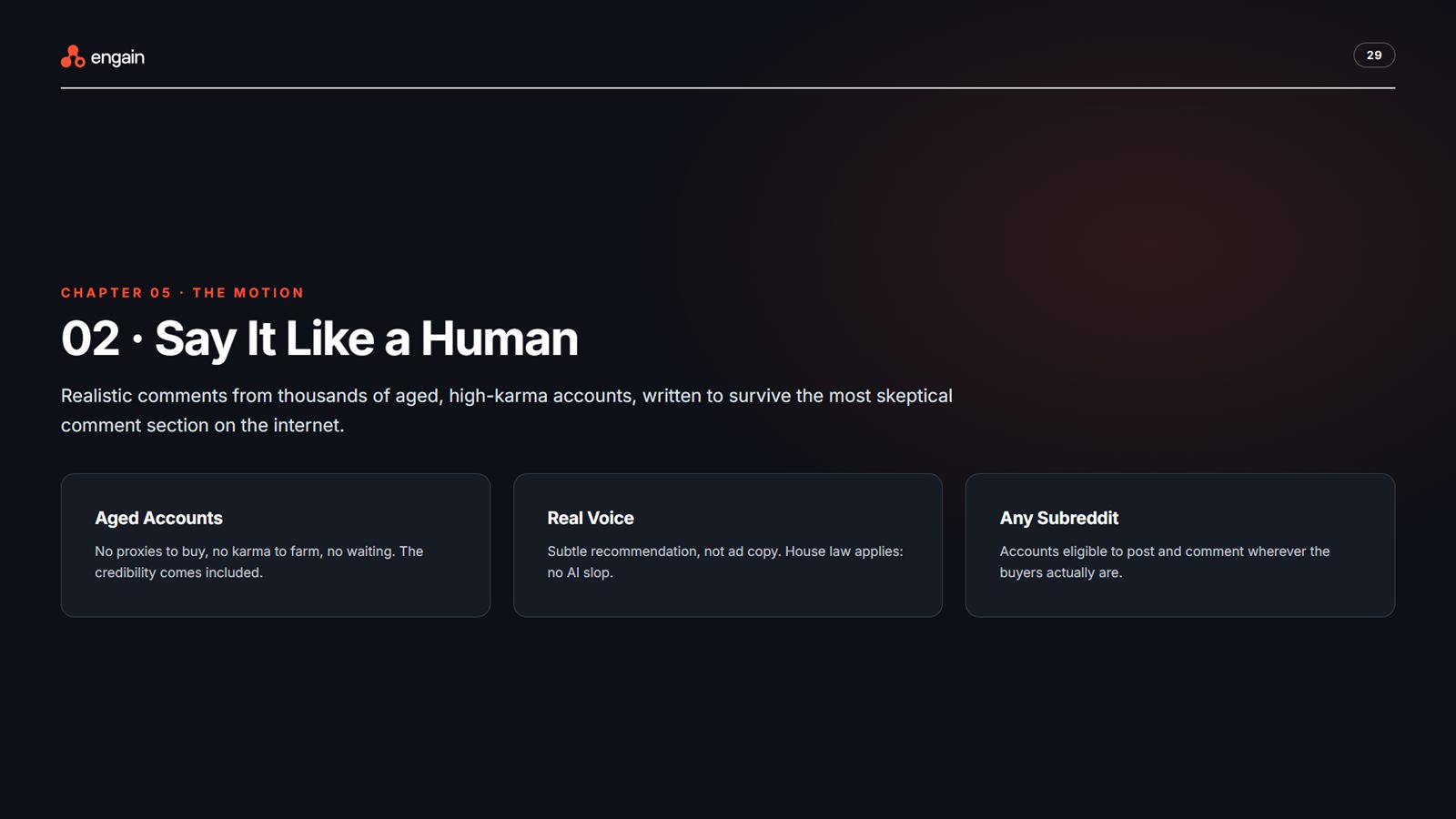 Engain brand book, page 29, The Motion: step 2, say it like a human