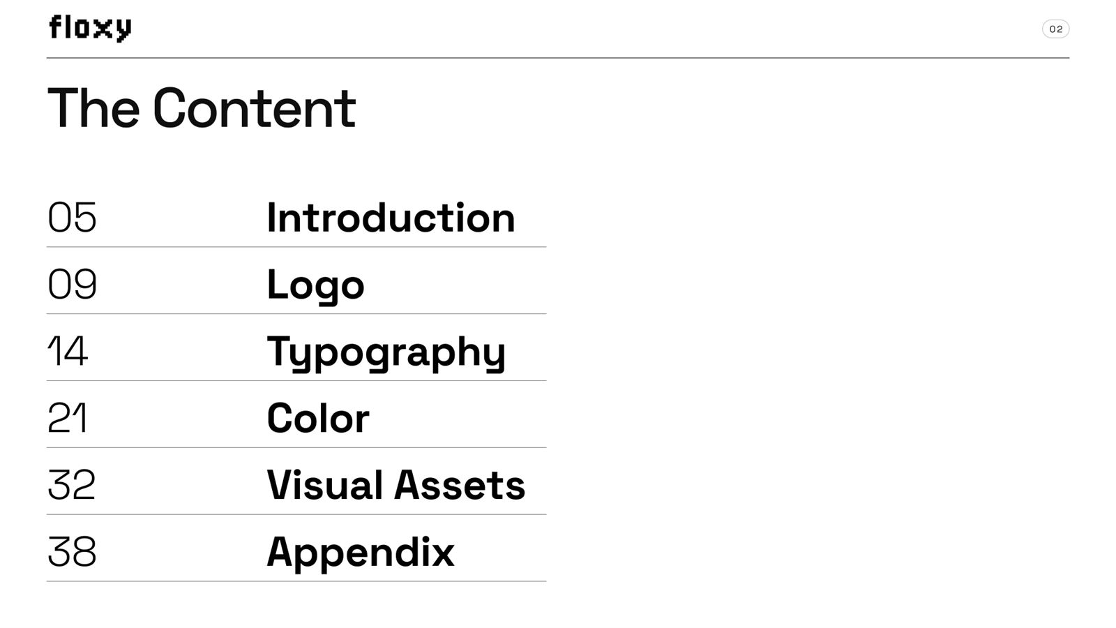 Floxy brand book, page 2: contents