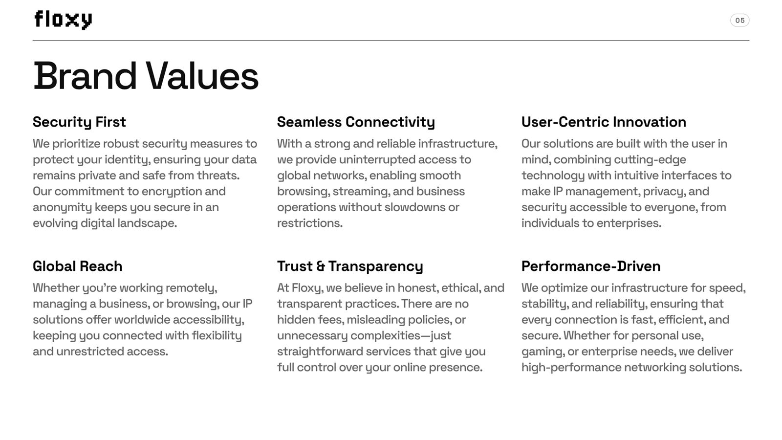 Floxy brand book, page 5, Brand Introduction: brand values