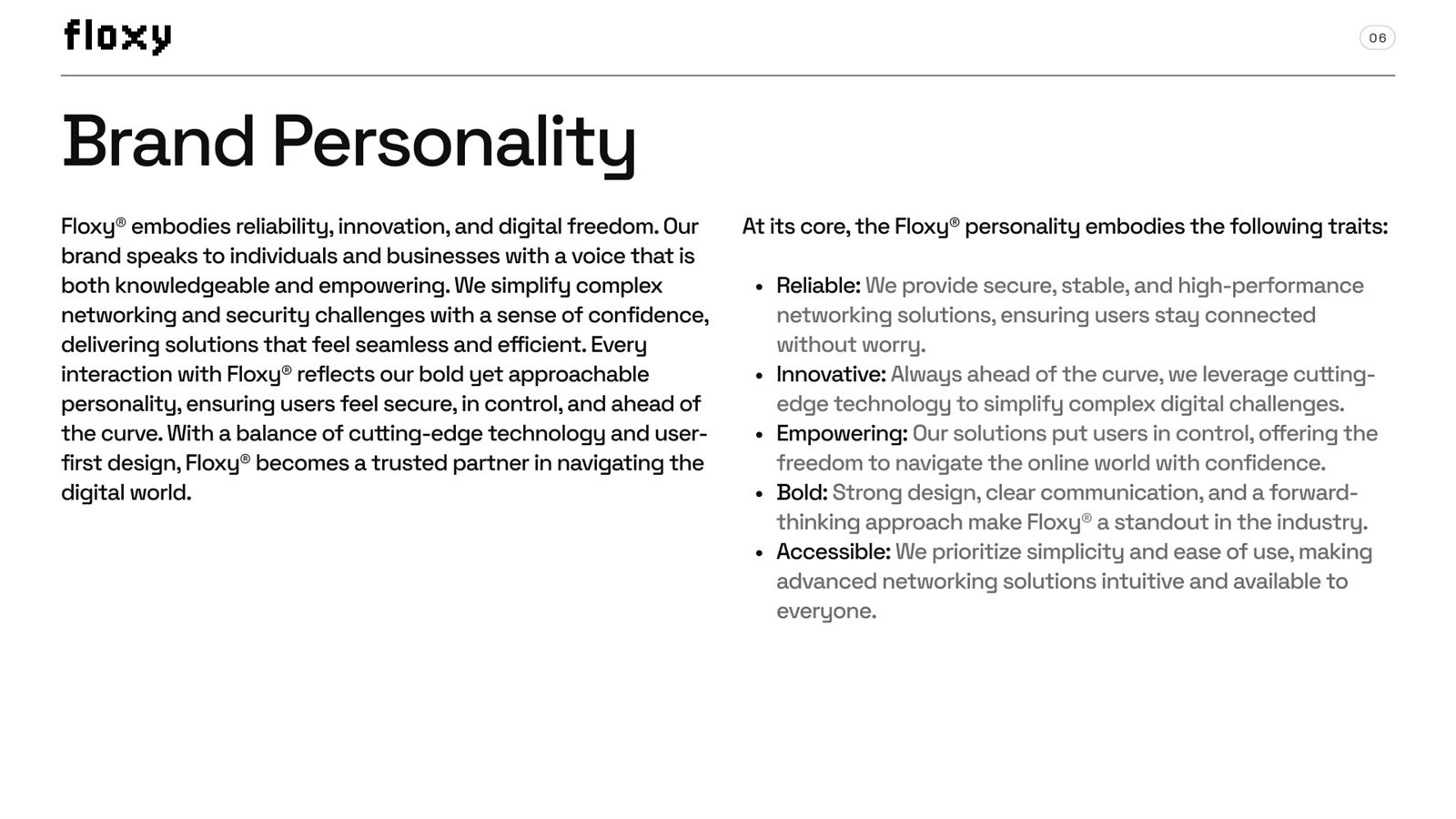 Floxy brand book, page 6, Brand Introduction: brand personality