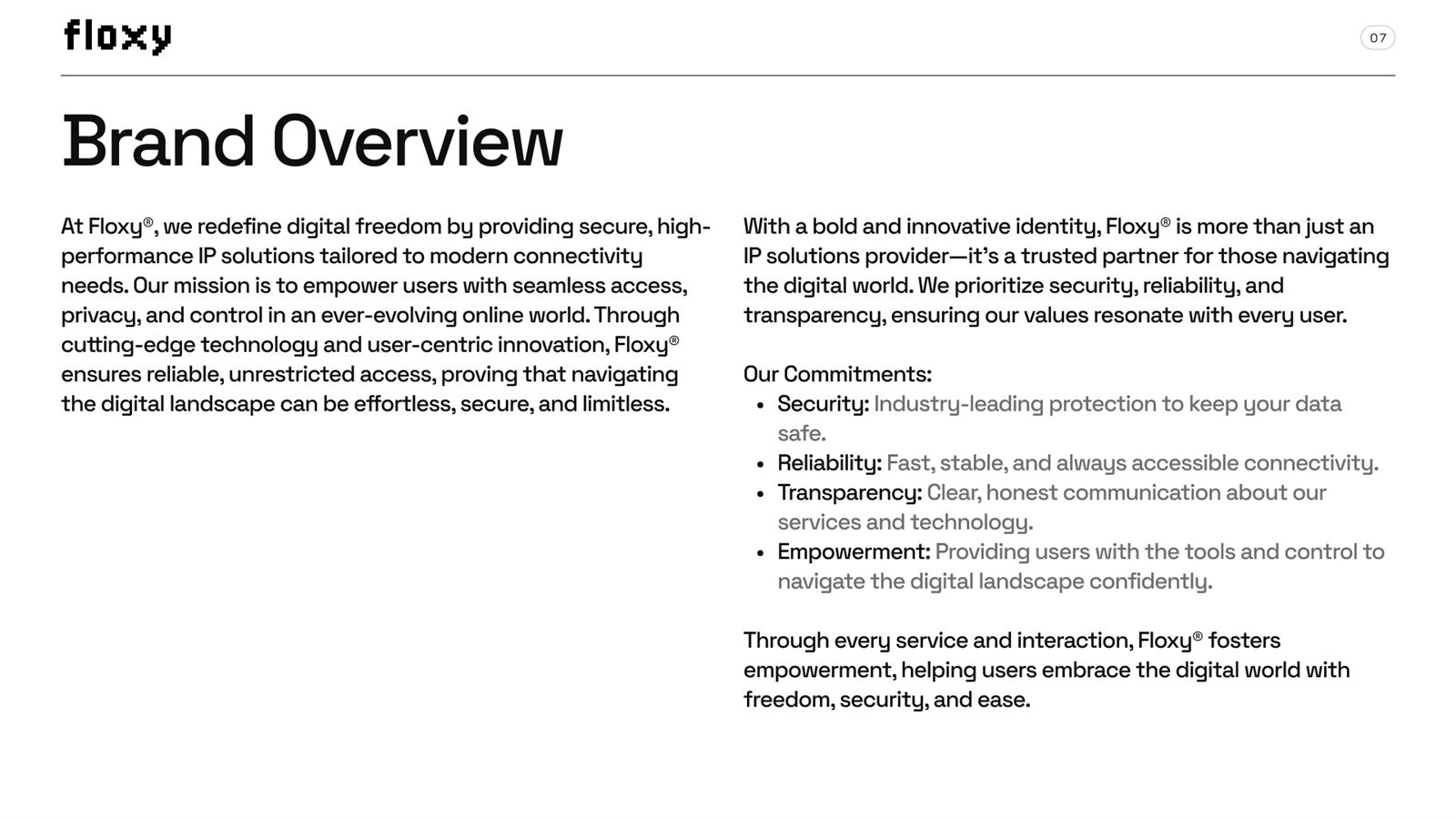 Floxy brand book, page 7, Brand Introduction: brand overview