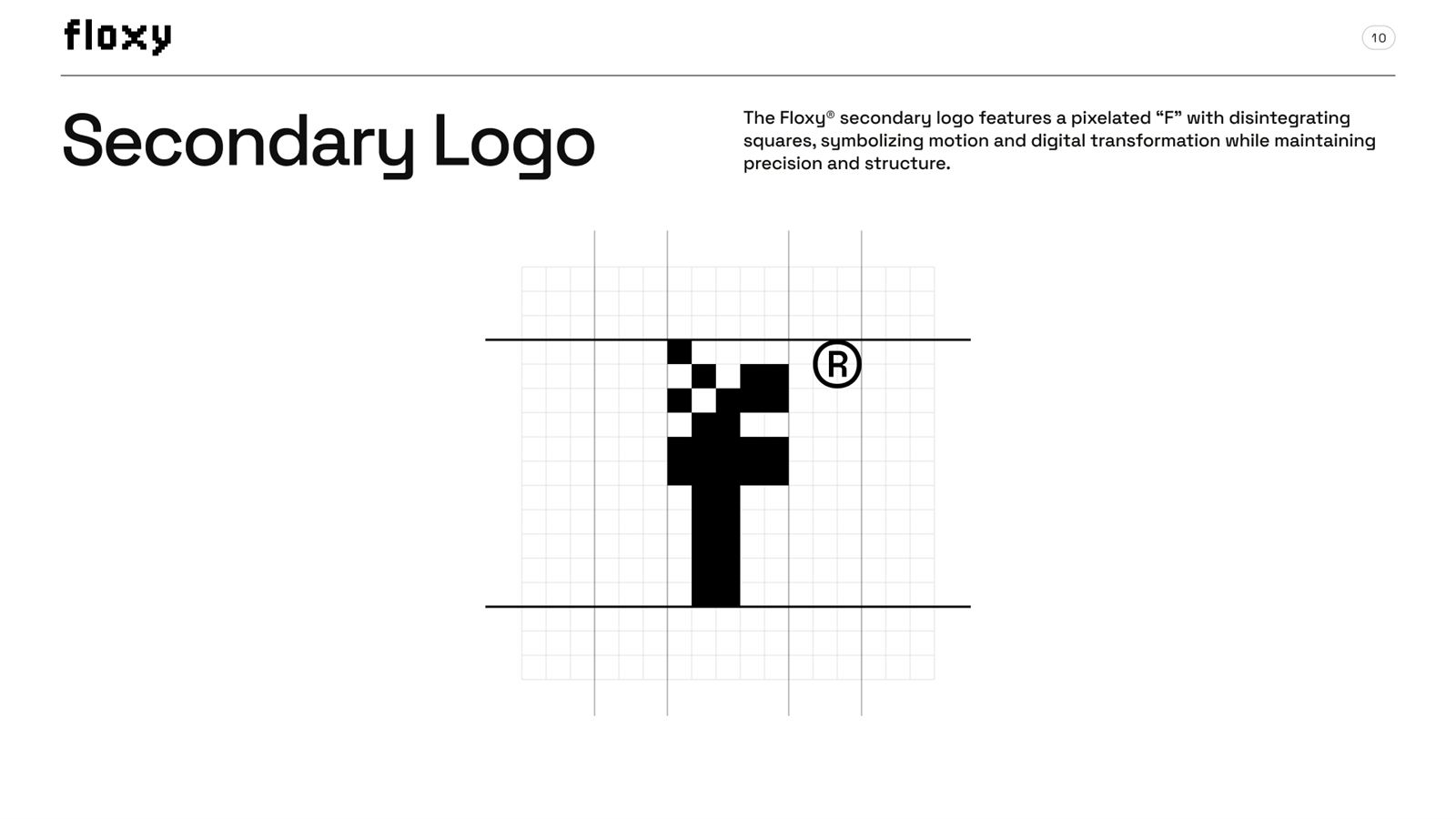 Floxy brand book, page 10, Logo: secondary logo, the pixel F