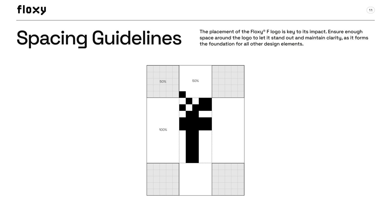 Floxy brand book, page 11, Logo: clear space around the F icon