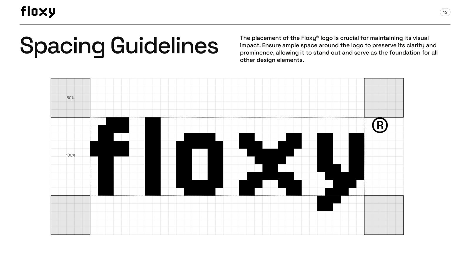 Floxy brand book, page 12, Logo: clear space around the wordmark