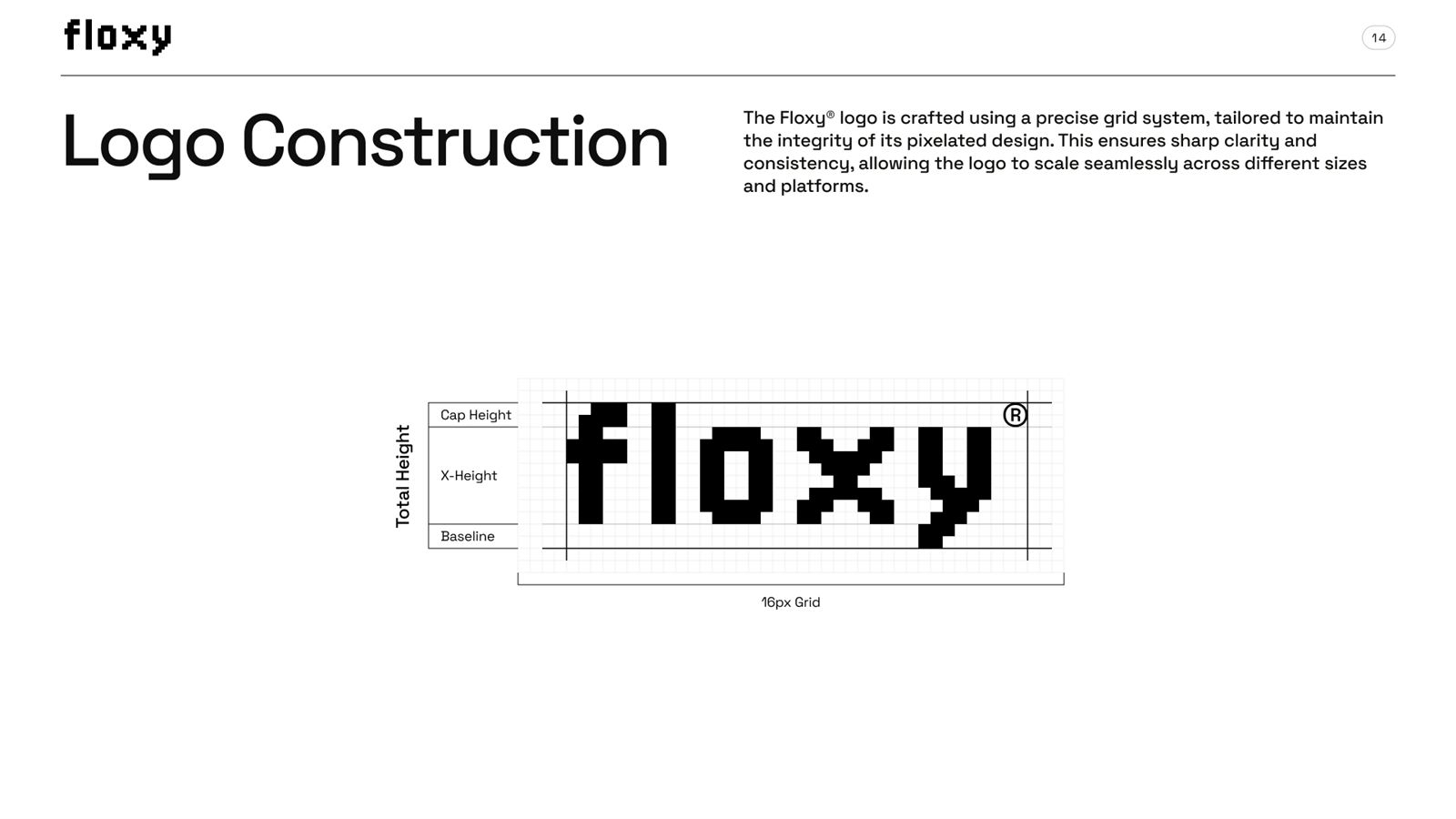 Floxy brand book, page 14, Logo: logo construction on a 16px grid