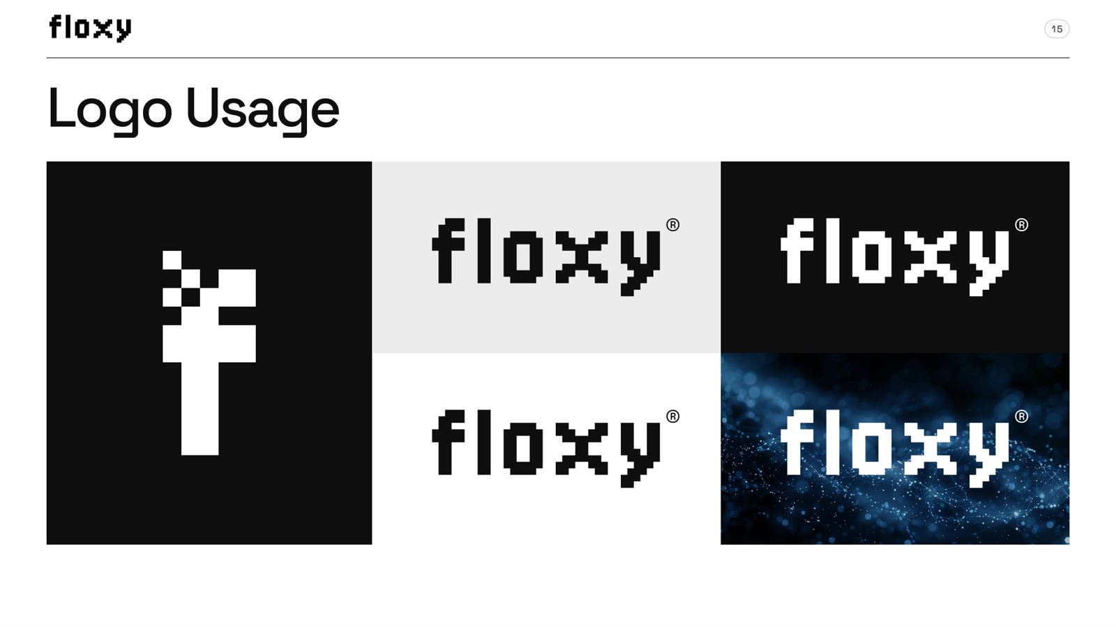 Floxy brand book, page 15, Logo: logo usage