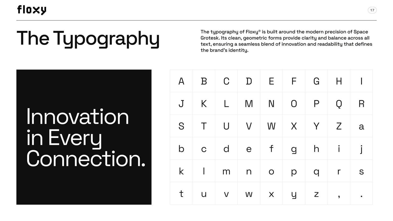 Floxy brand book, page 17, Typography: the typography, Space Grotesk alphabet