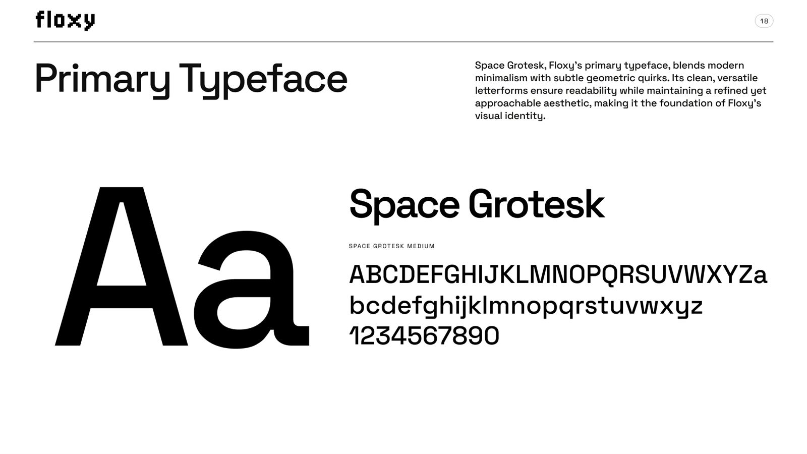 Floxy brand book, page 18, Typography: primary typeface: Space Grotesk