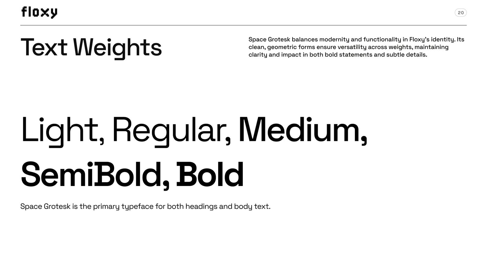 Floxy brand book, page 20, Typography: text weights