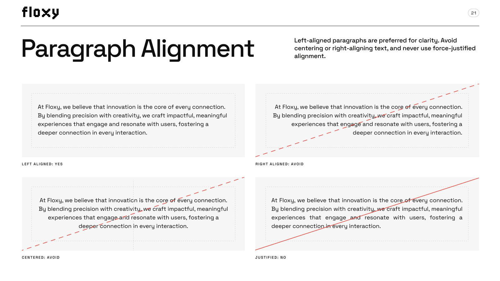 Floxy brand book, page 21, Typography: paragraph alignment