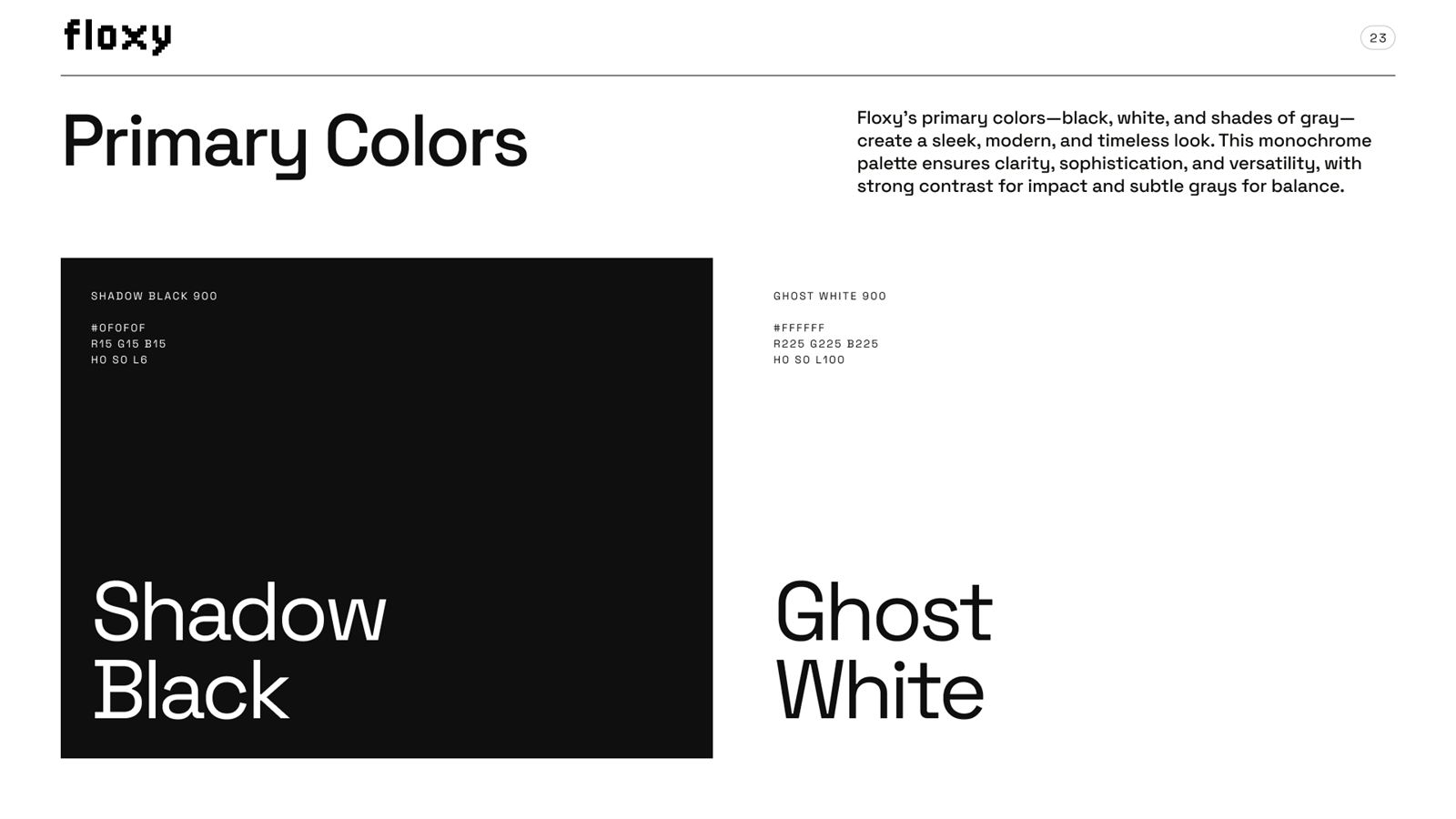 Floxy brand book, page 24, Color: primary colors: Shadow Black and Ghost White