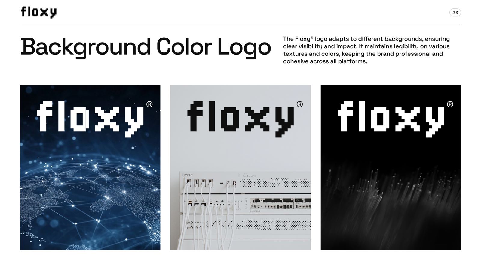 Floxy brand book, page 27, Color: logo on background colors and images