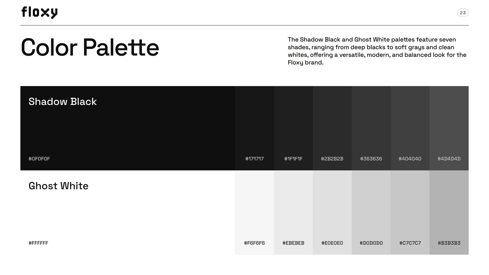 Floxy brand book, page 28, Color: full color palette with gray scales
