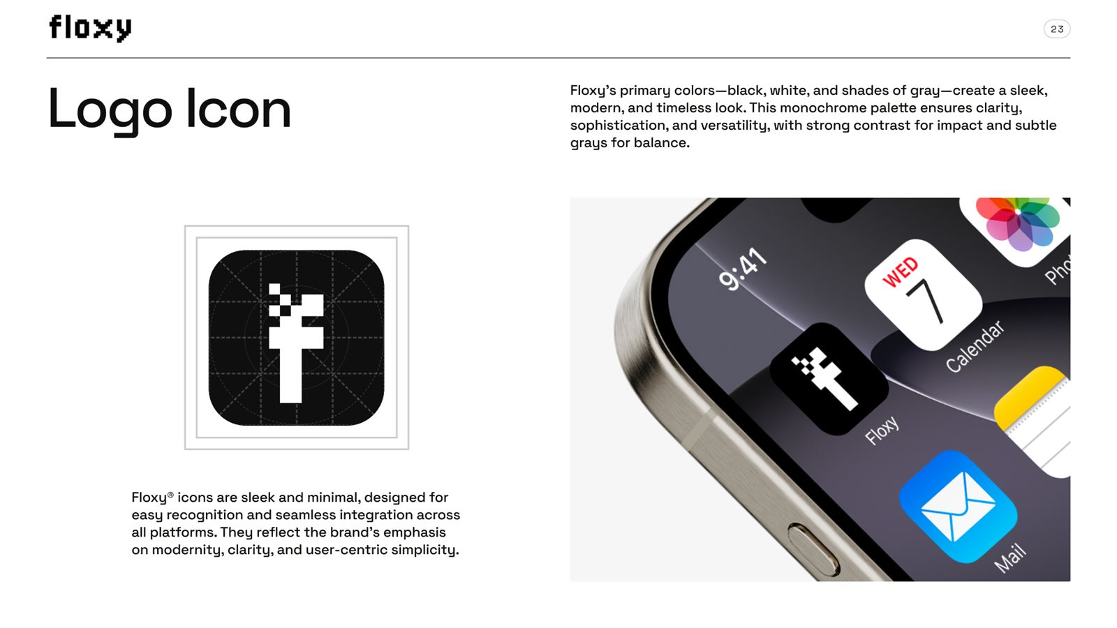 Floxy brand book, page 30, Visual Assets: logo icon