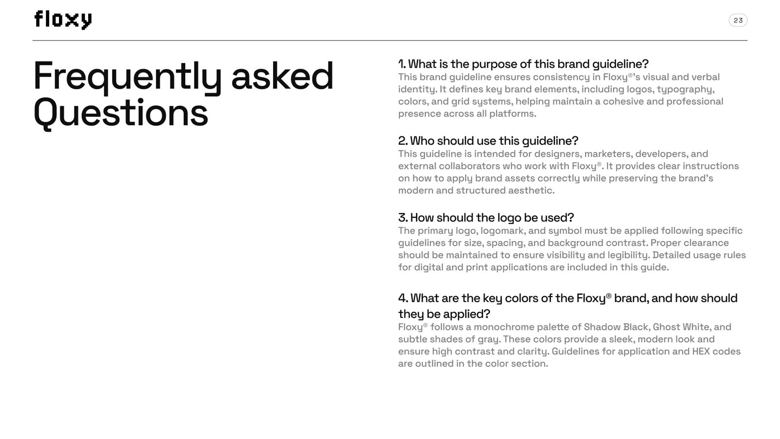Floxy brand book, page 35, Appendix: frequently asked questions