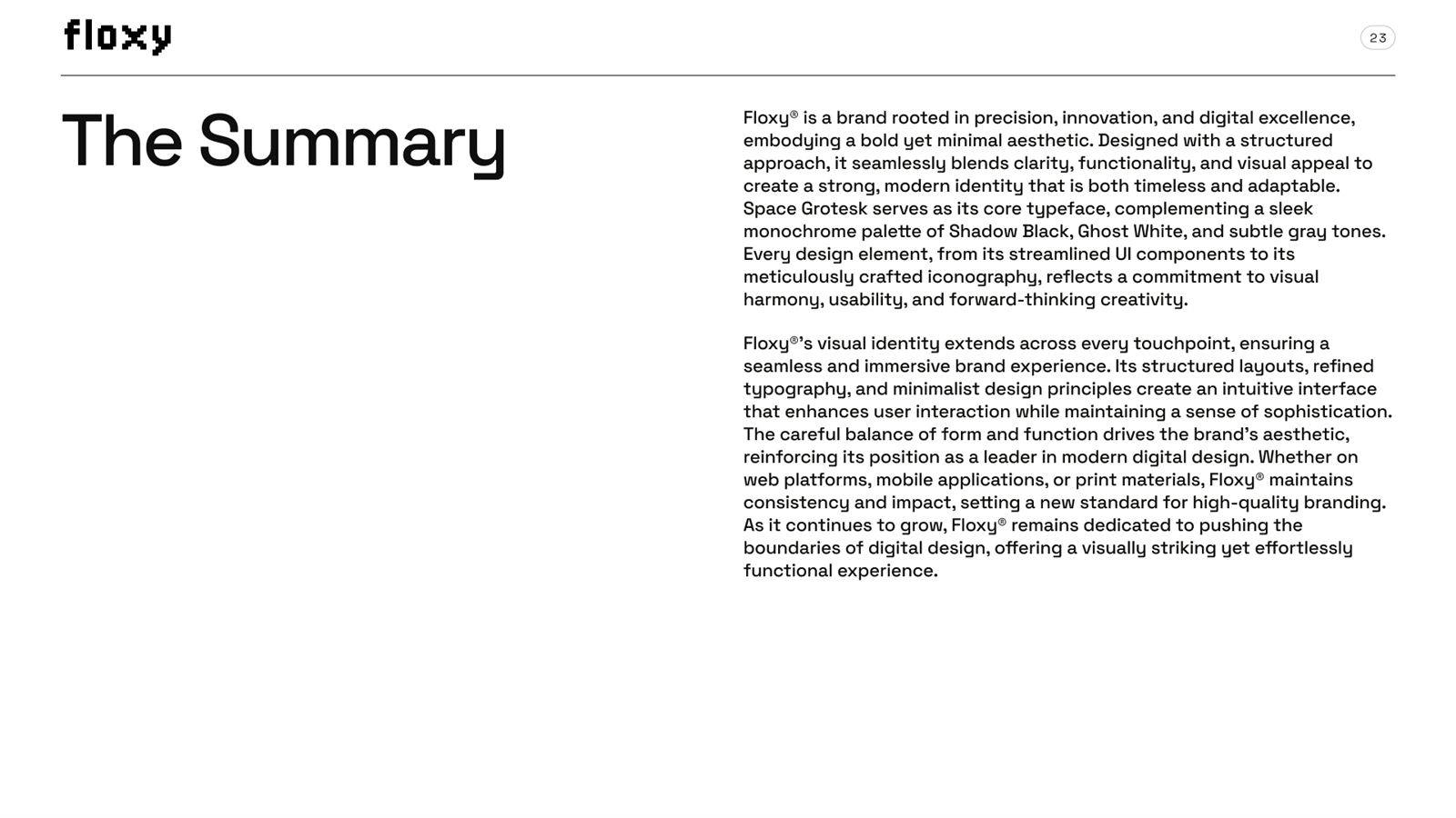 Floxy brand book, page 36, Appendix: the summary