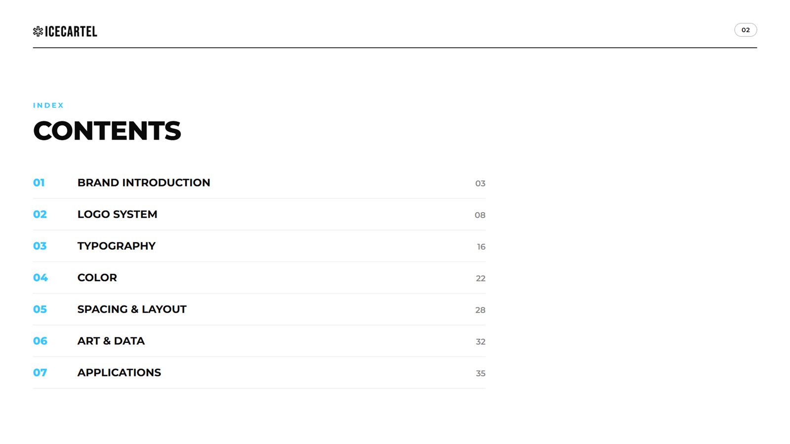 Icecartel brand book, page 2: contents
