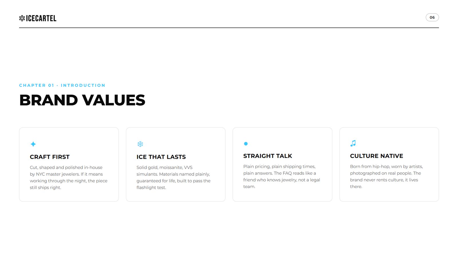 Icecartel brand book, page 6, Introduction: brand values