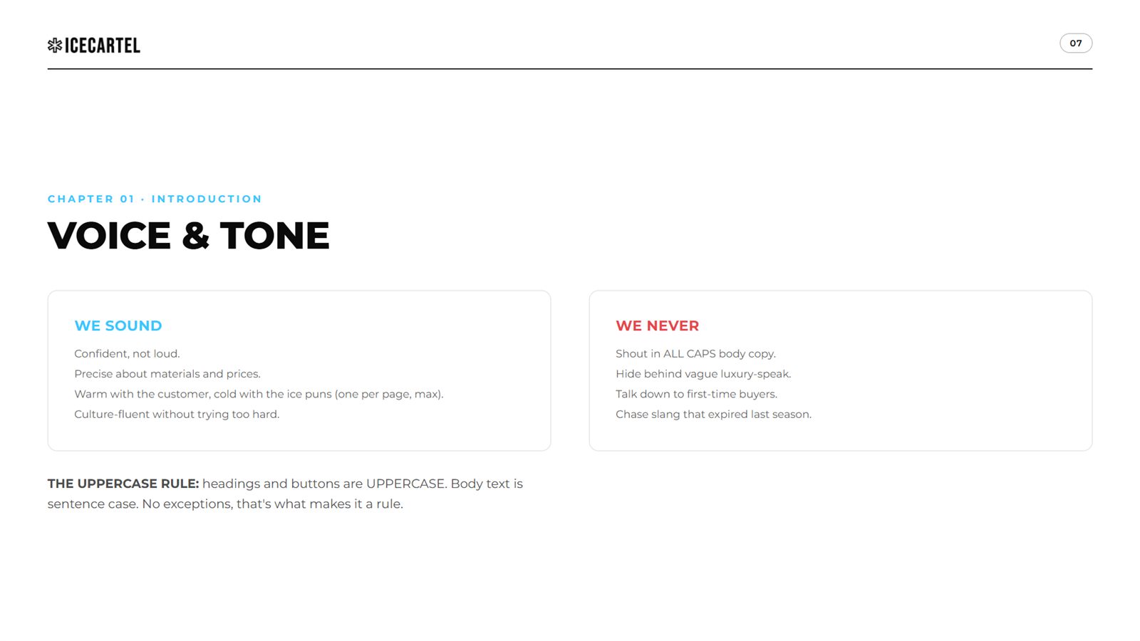 Icecartel brand book, page 7, Introduction: voice and tone
