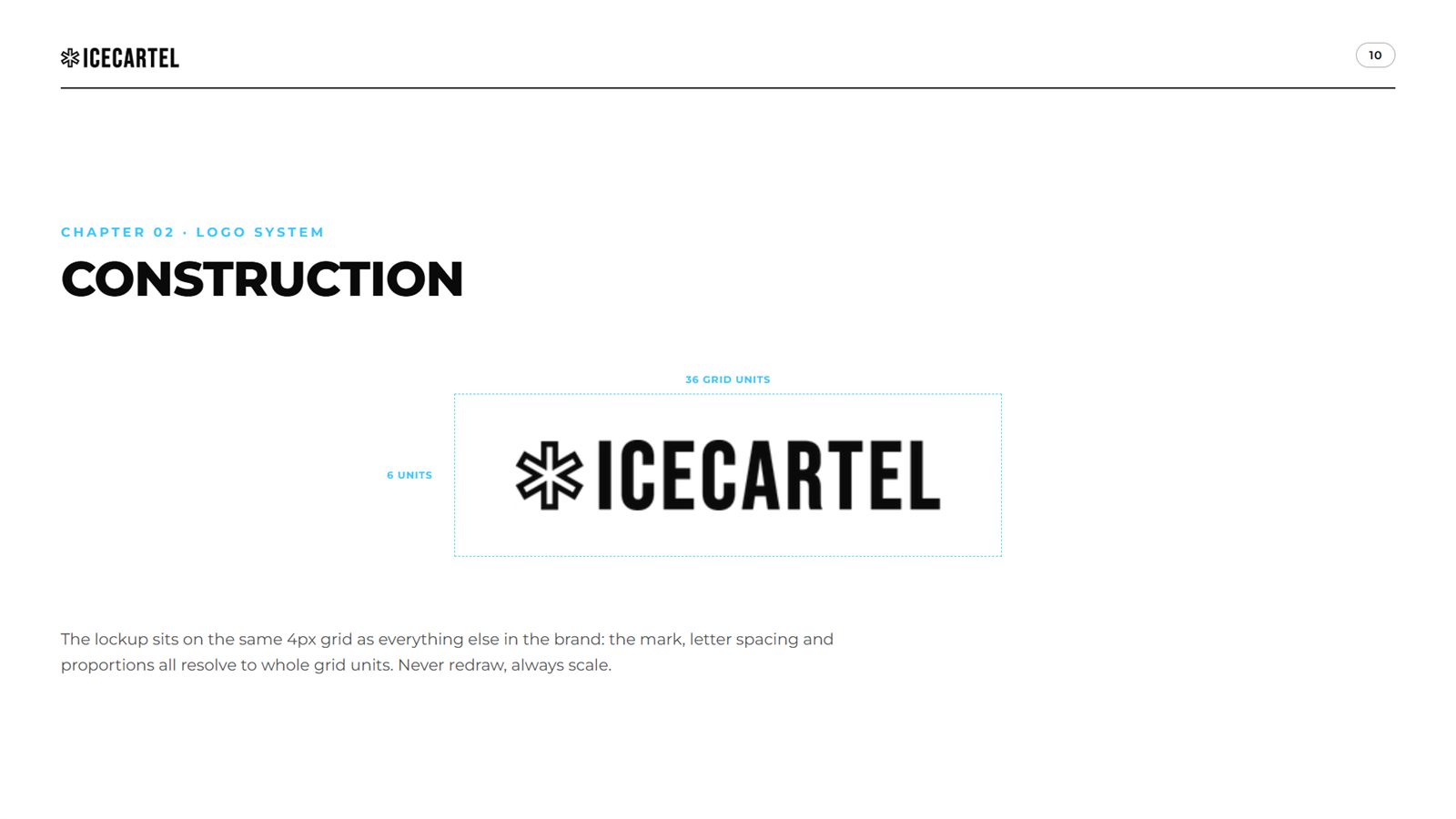 Icecartel brand book, page 10, Logo System: logo construction