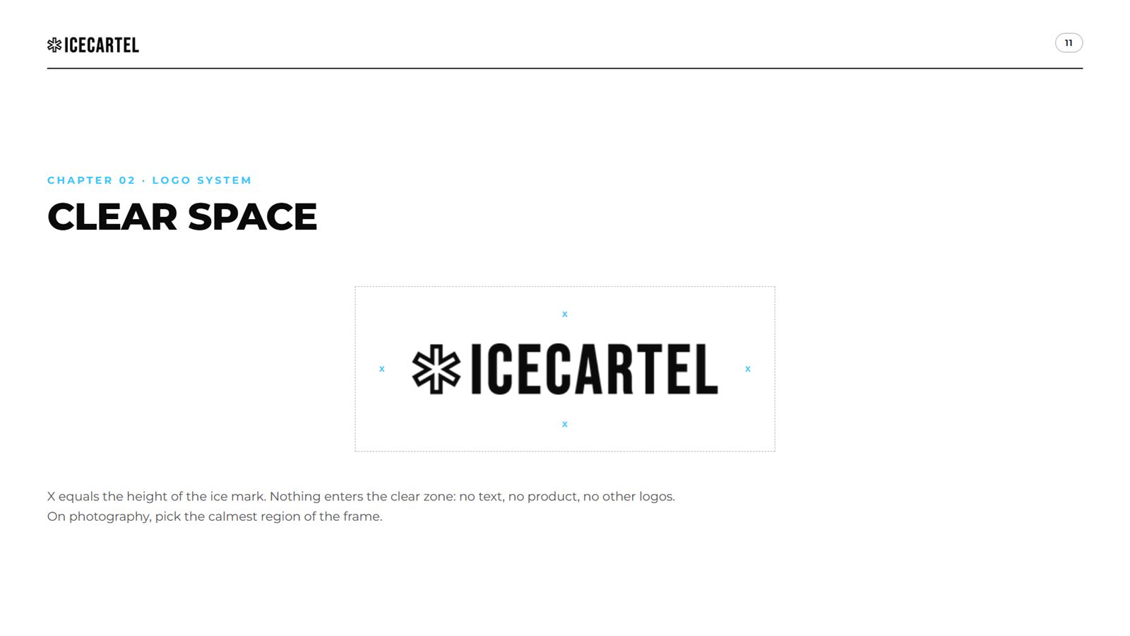 Icecartel brand book, page 11, Logo System: clear space