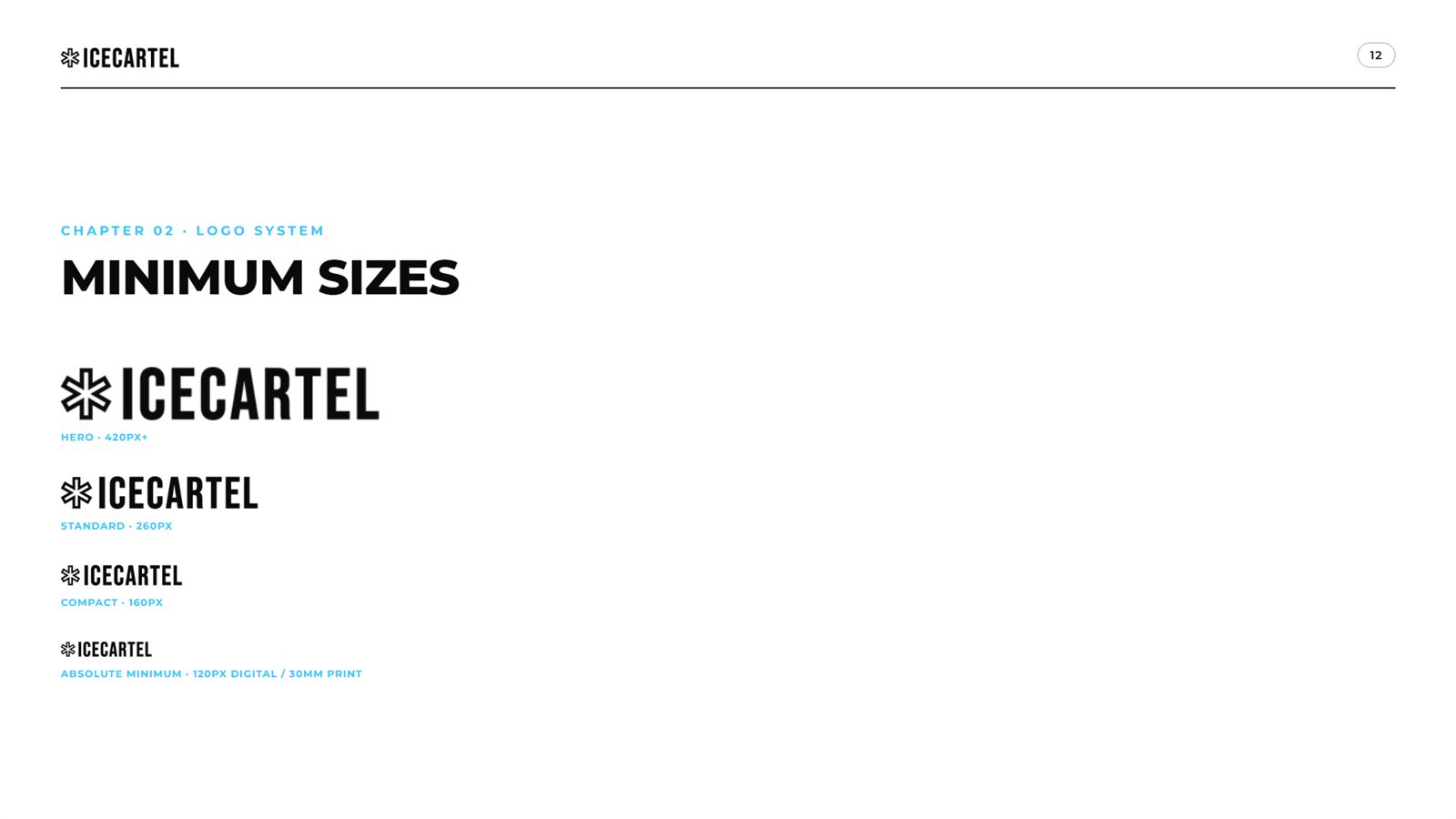 Icecartel brand book, page 12, Logo System: minimum sizes