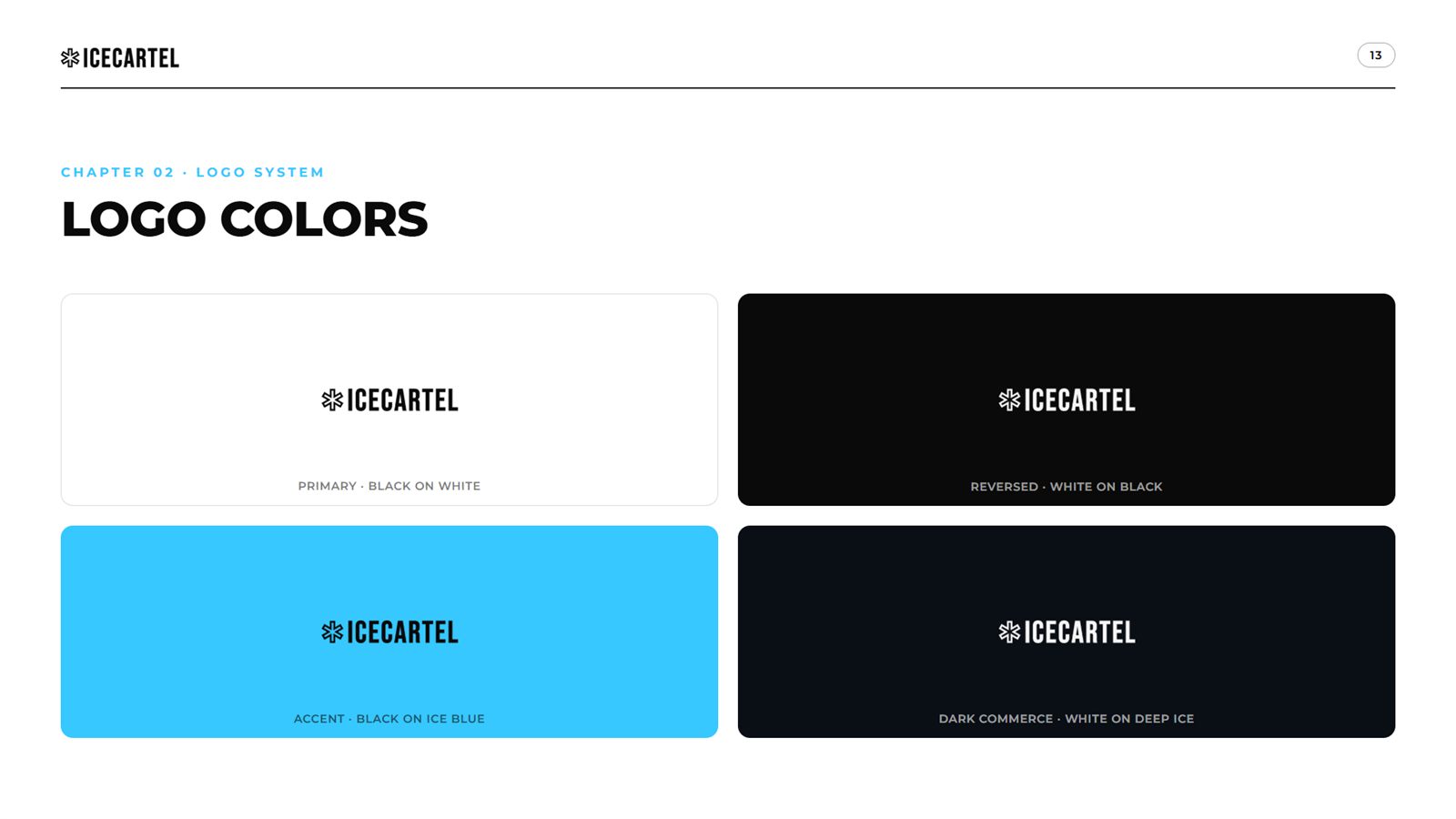 Icecartel brand book, page 13, Logo System: logo colors