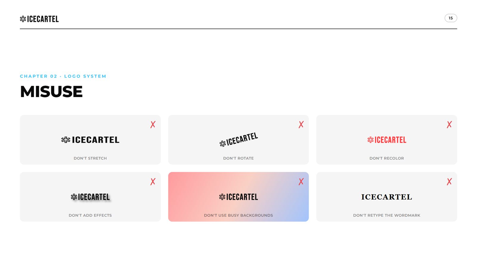 Icecartel brand book, page 15, Logo System: logo misuse