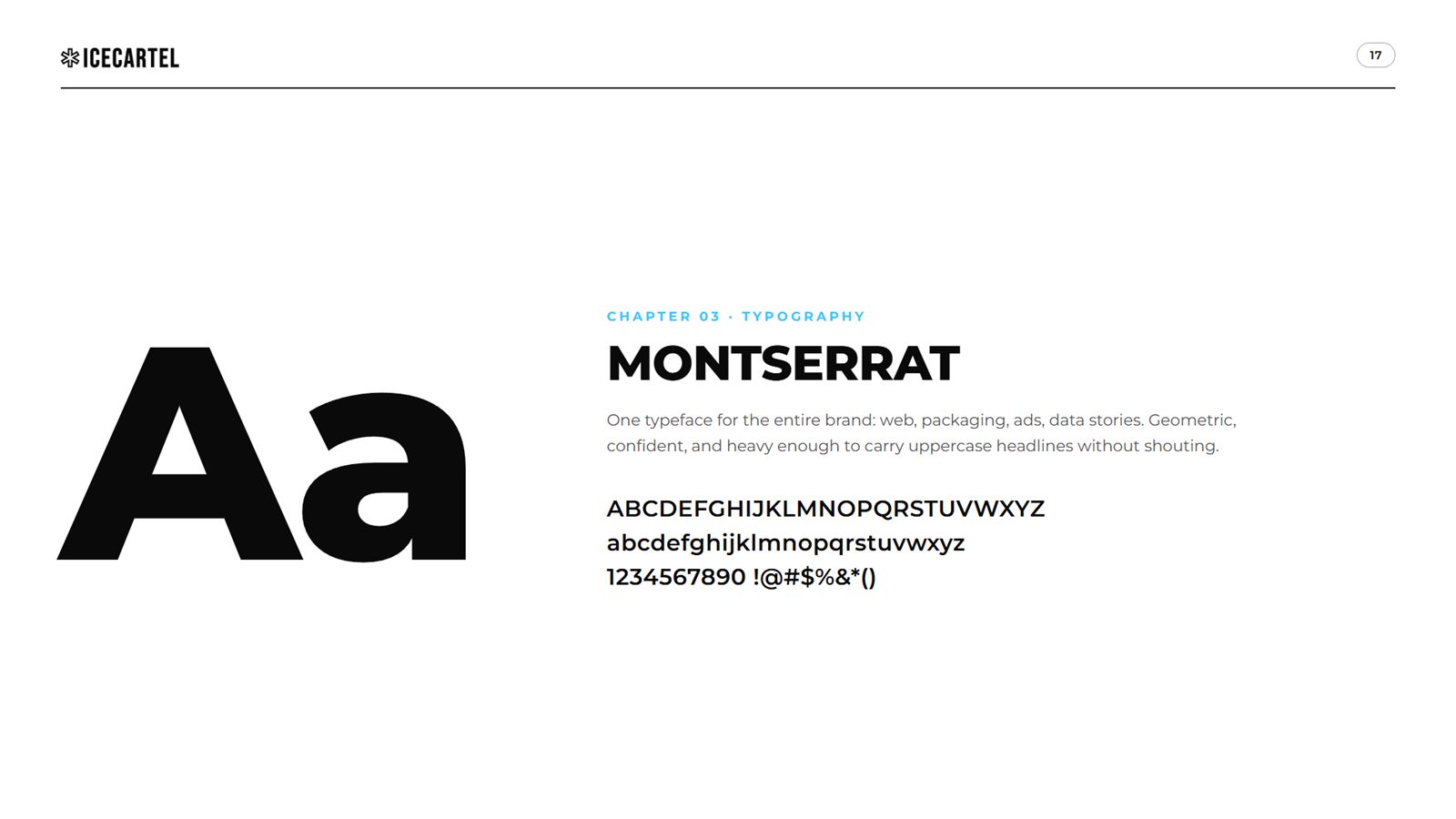 Icecartel brand book, page 17, Typography: Montserrat typeface specimen