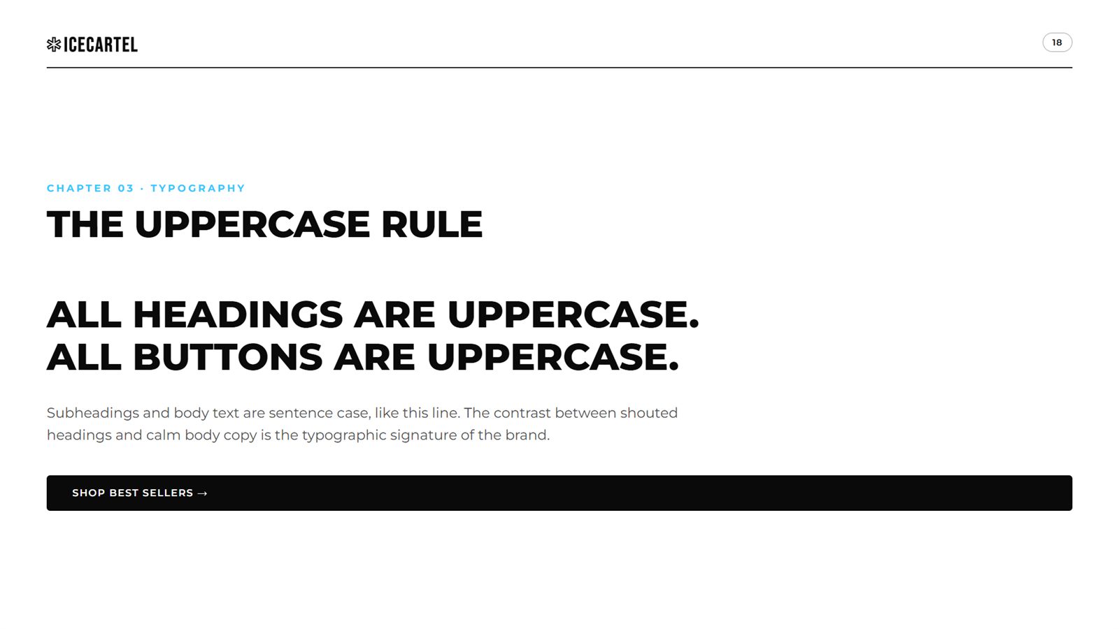 Icecartel brand book, page 18, Typography: the uppercase rule