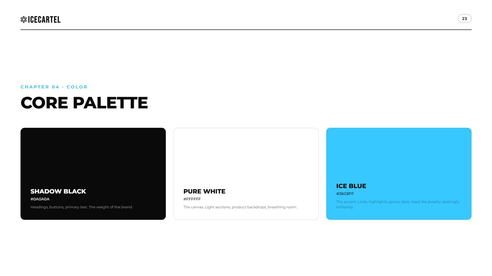 Icecartel brand book, page 23, Color: core palette