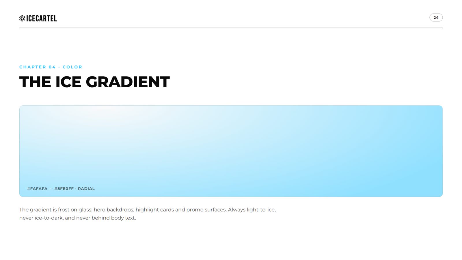 Icecartel brand book, page 24, Color: the ice gradient