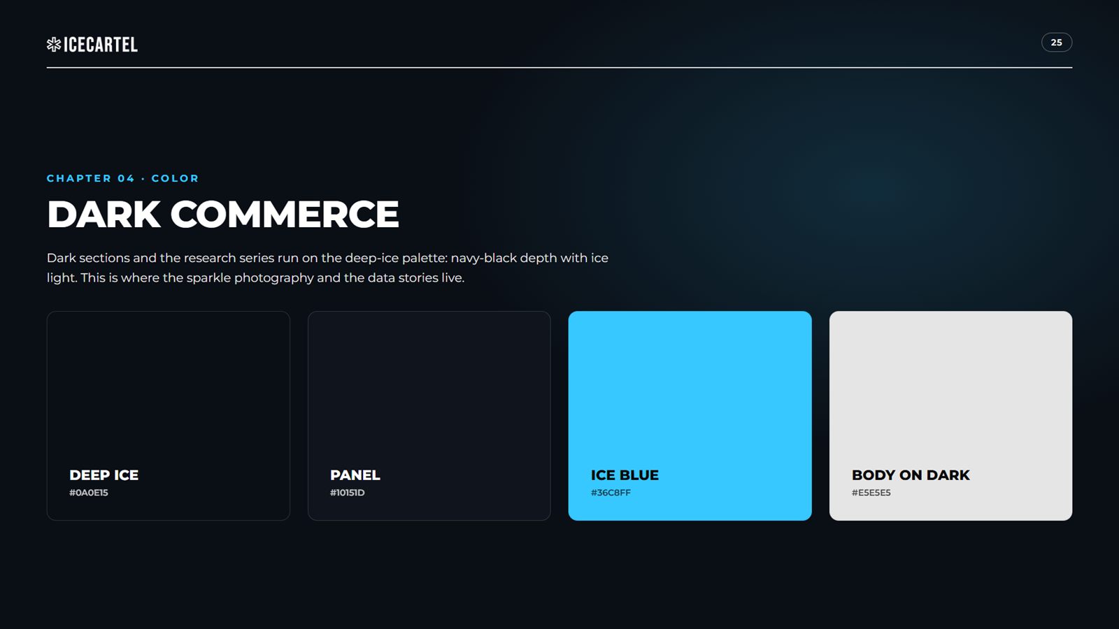 Icecartel brand book, page 25, Color: dark commerce palette