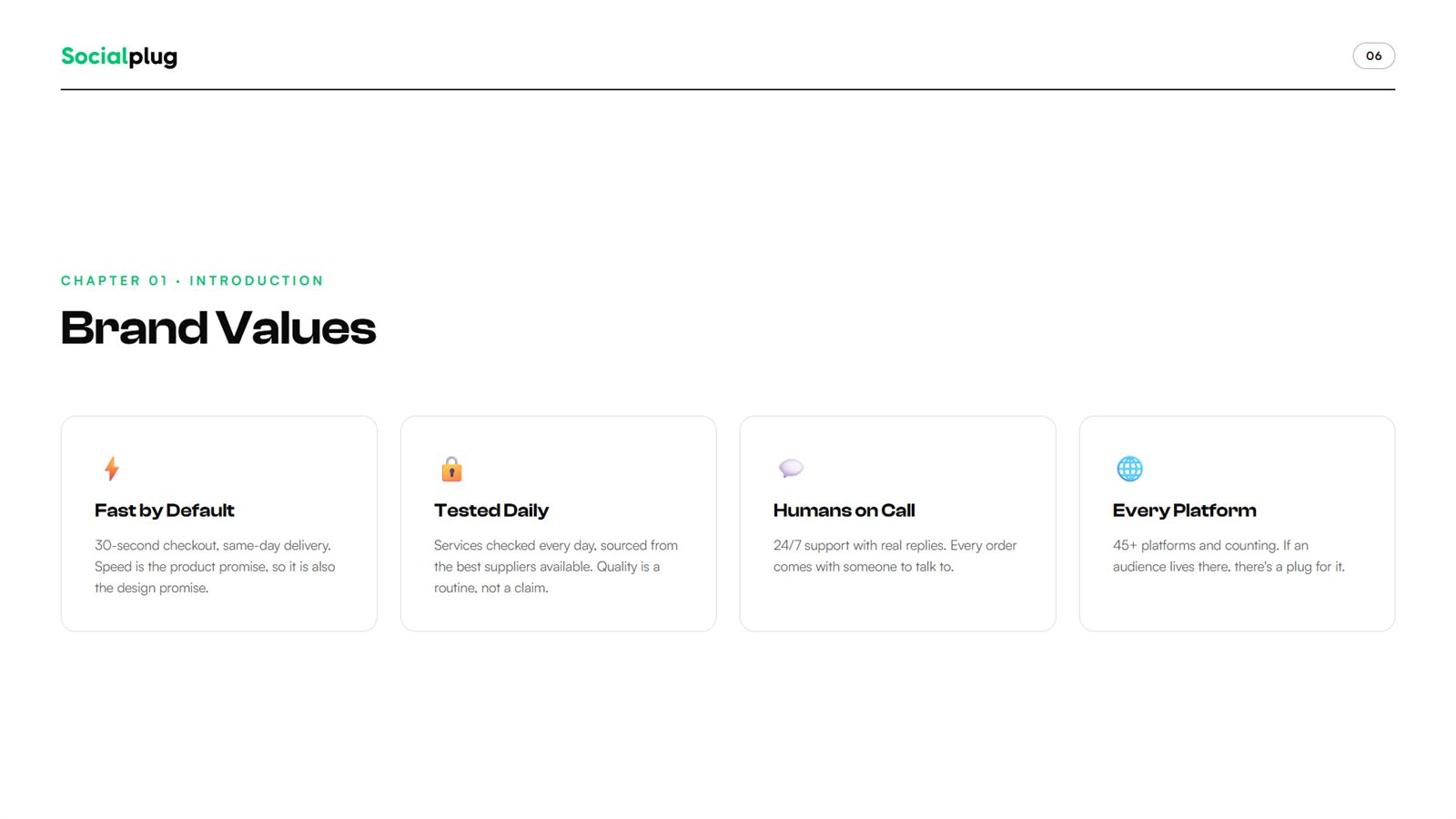 Socialplug brand book, page 6, Introduction: brand values