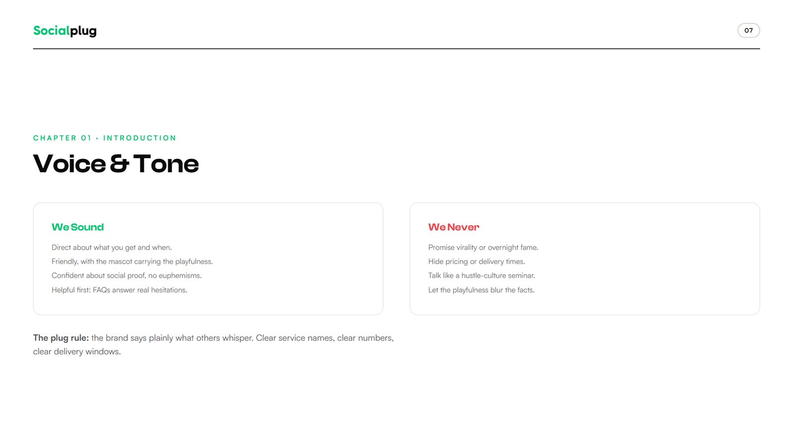 Socialplug brand book, page 7, Introduction: voice and tone