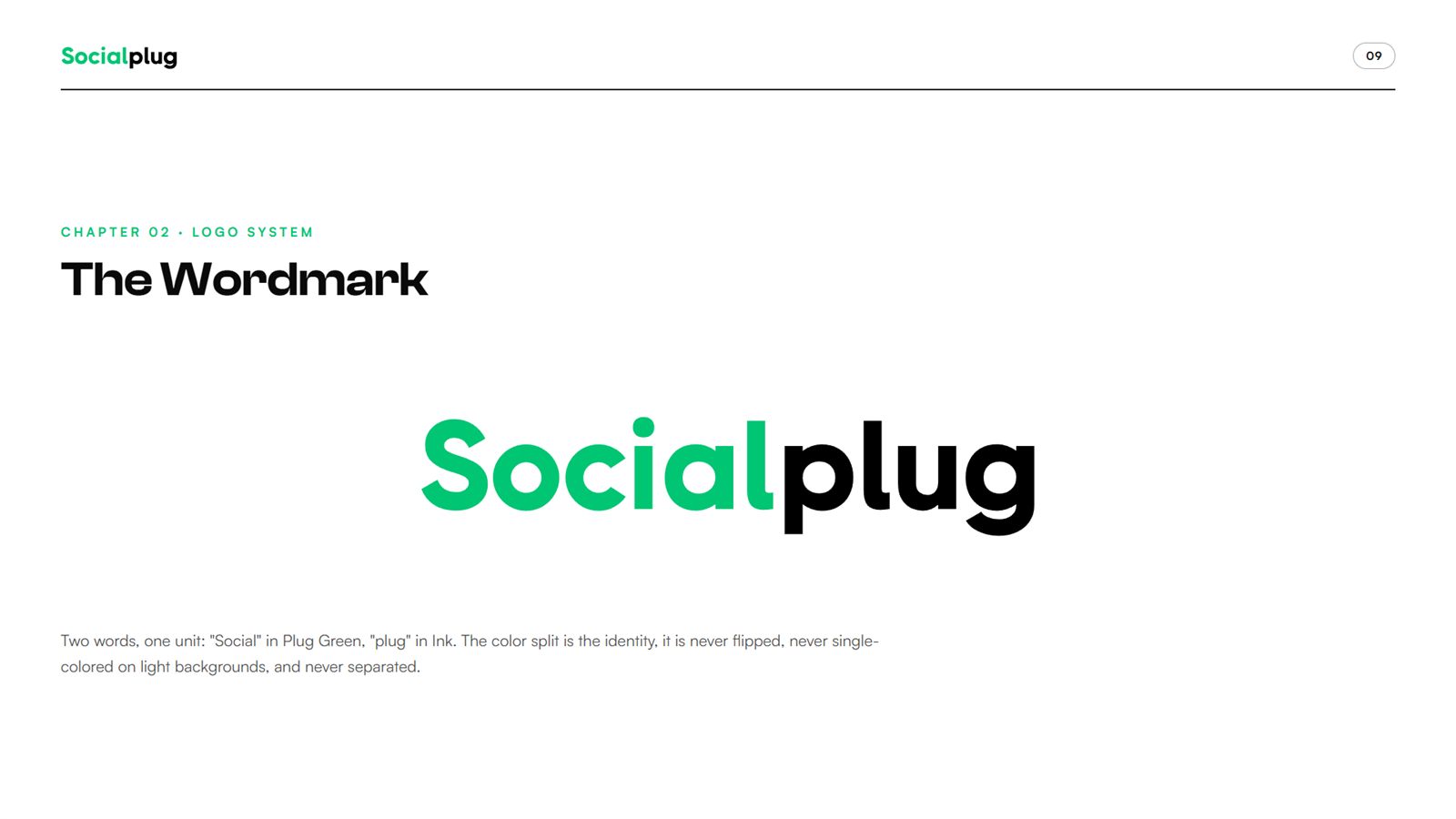 Socialplug brand book, page 9, Logo System: the wordmark