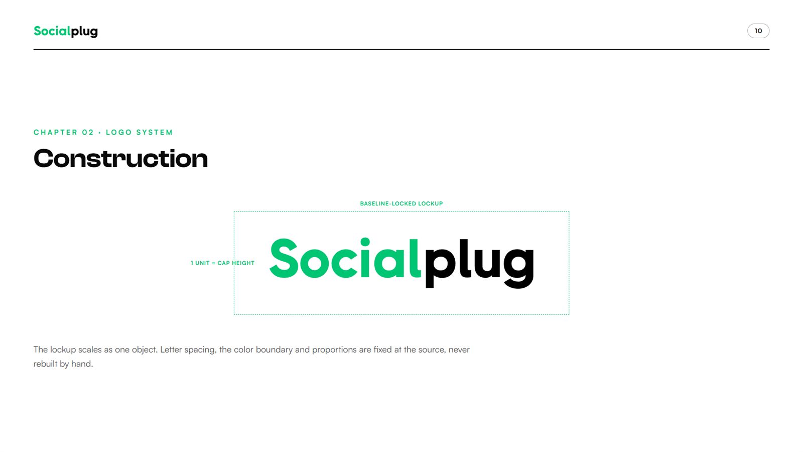Socialplug brand book, page 10, Logo System: logo construction