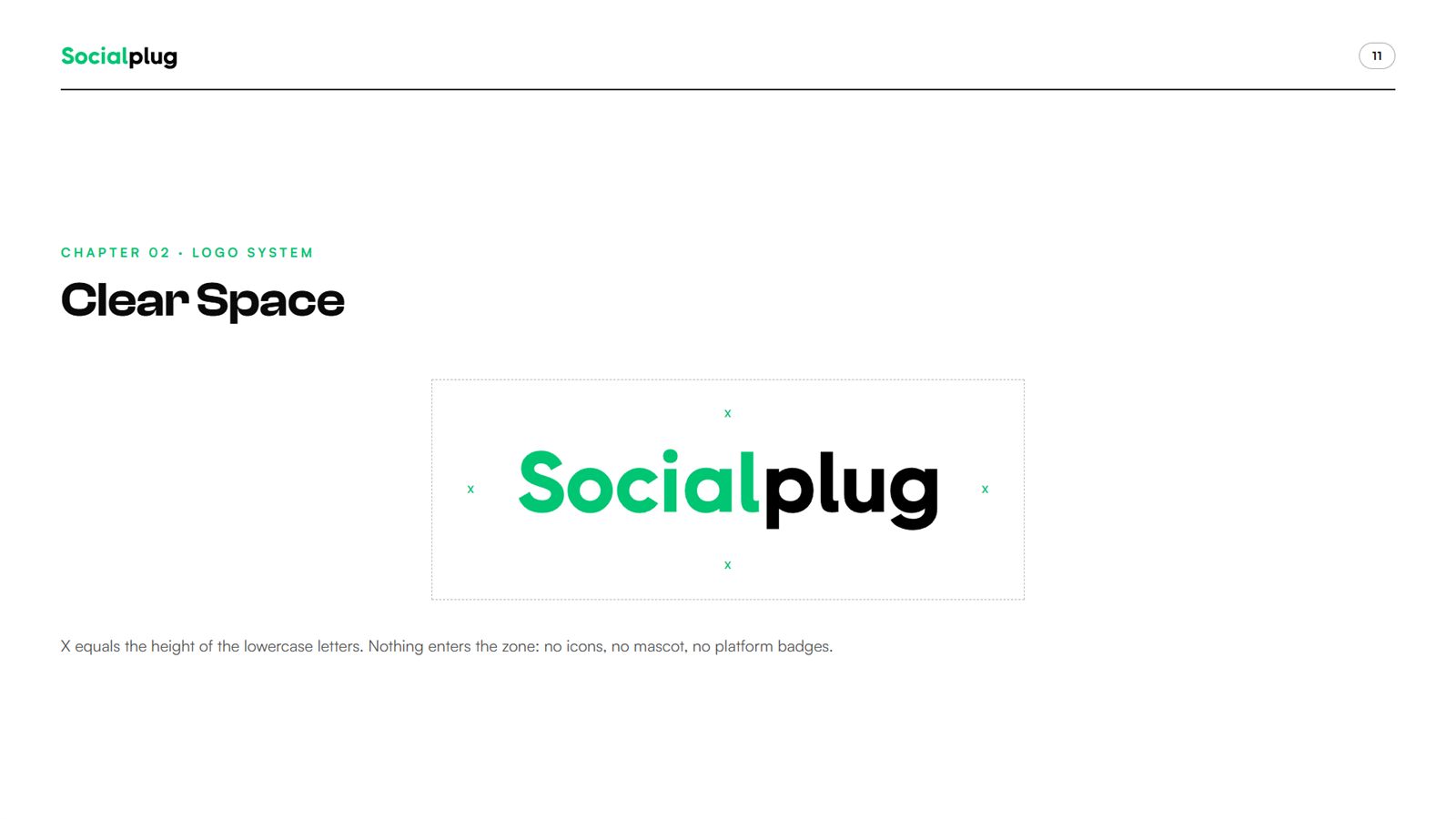 Socialplug brand book, page 11, Logo System: clear space