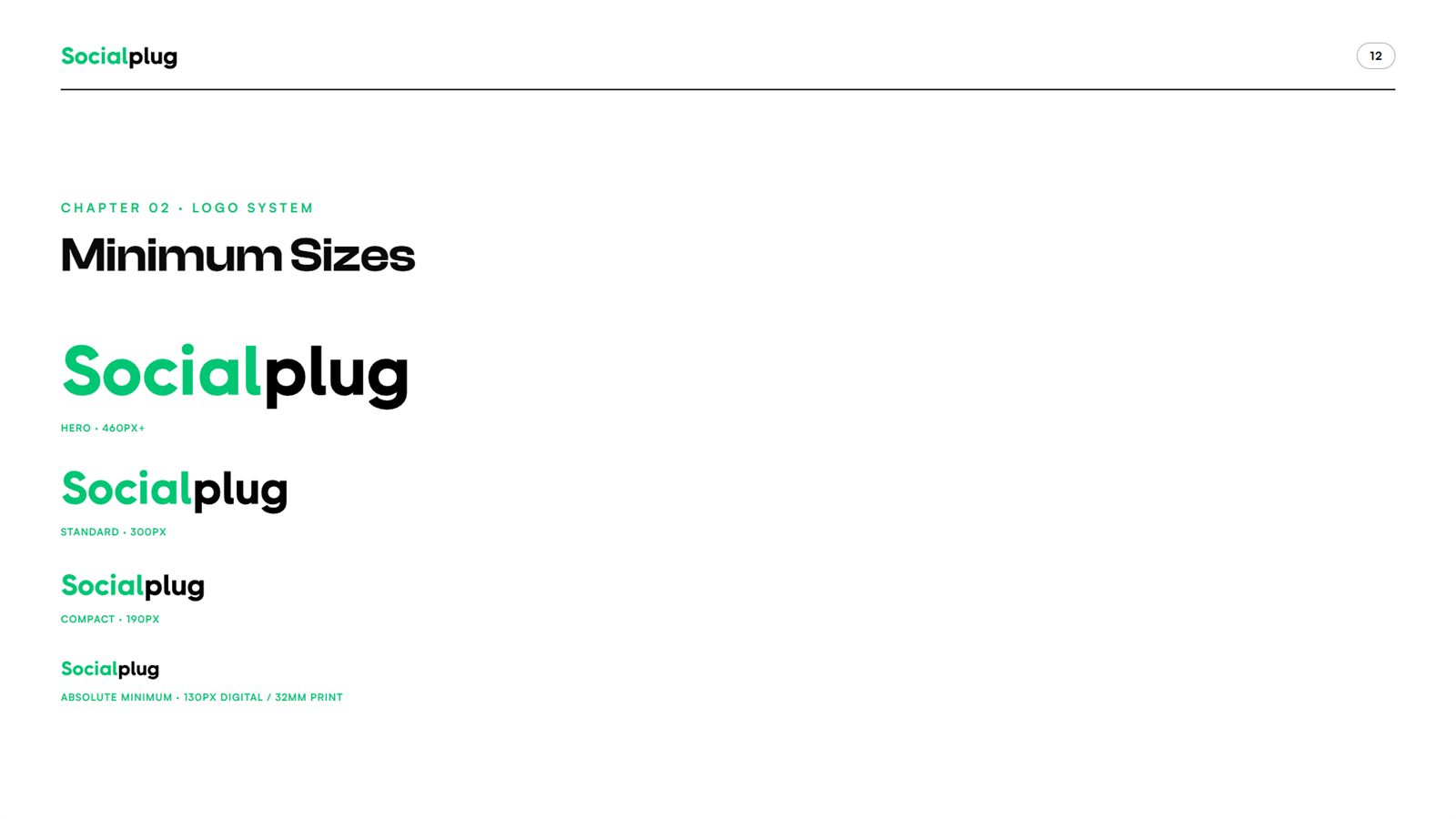 Socialplug brand book, page 12, Logo System: minimum sizes