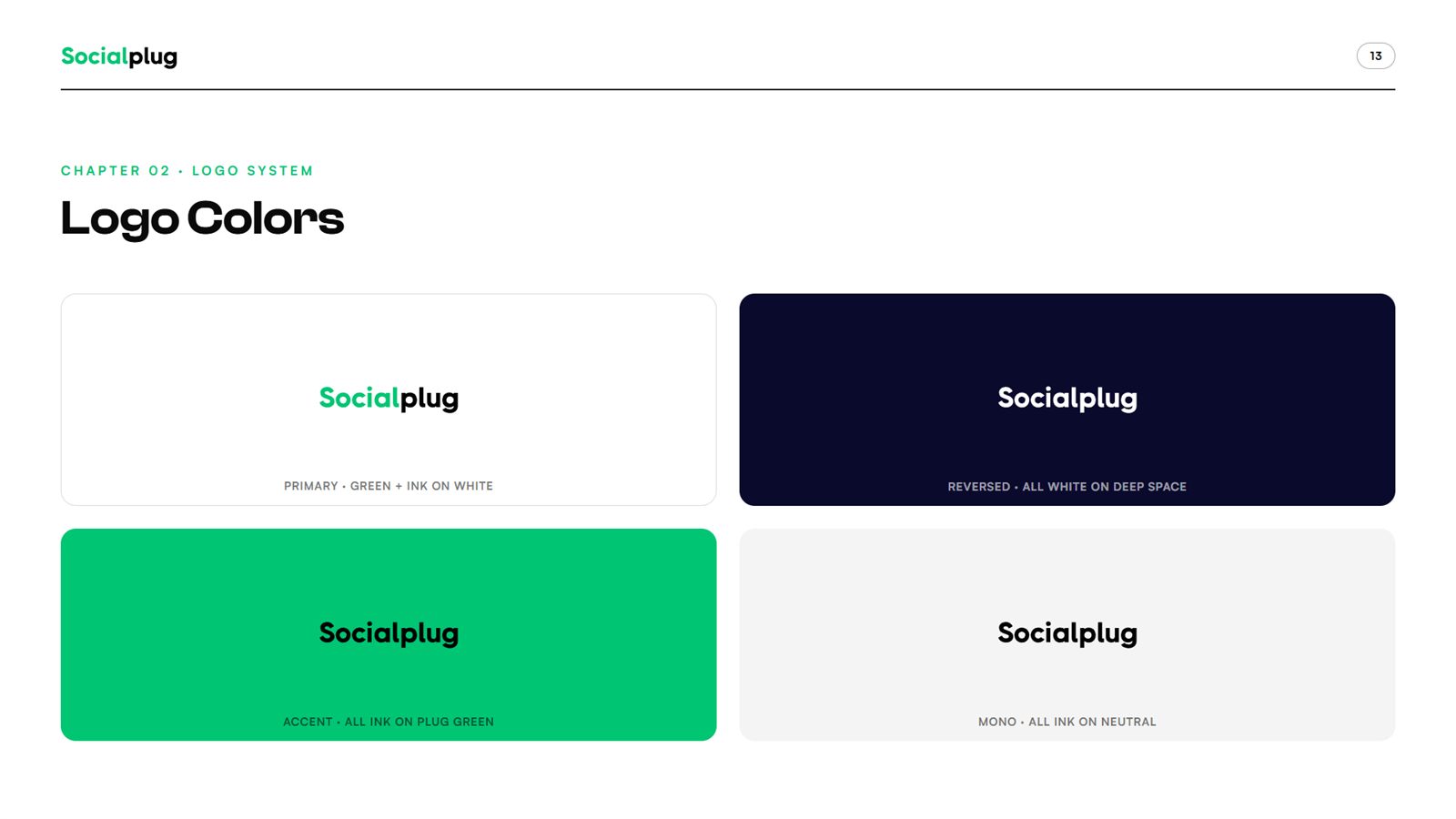 Socialplug brand book, page 13, Logo System: logo colors